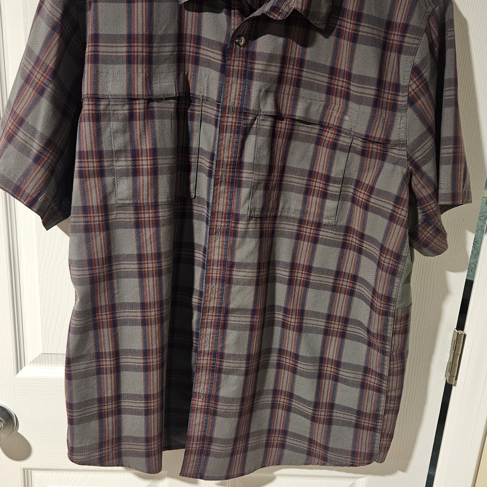 Magellan Outdoors Gray and Red Plaid Button Down Shirt